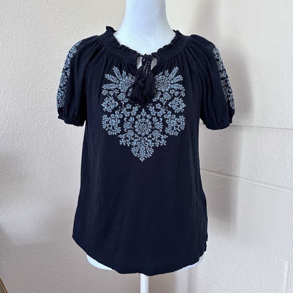 Style & Co.‎ Relaxed Embroidered Tassel Crew Neck Boho Peasant Top Size S-P EUC
